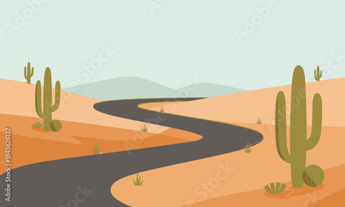 This image features a winding black road amidst a serene desert landscape, complemented by cacti, creating a harmonious blend of nature and travel vibes.