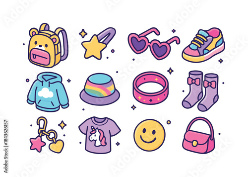 Colorful Fashion Icons. Cute fashion items. Colorful isometric v