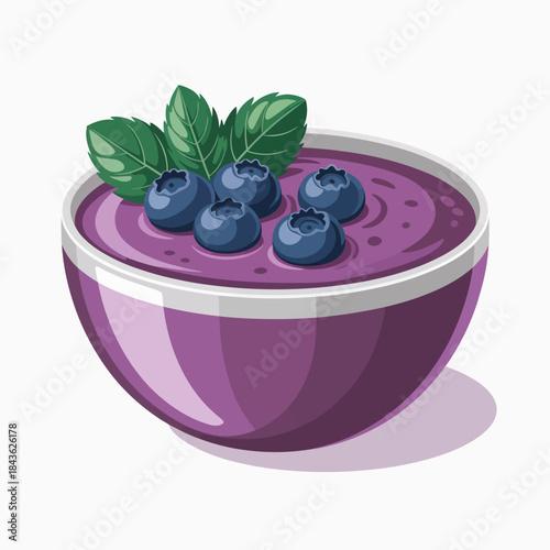This vibrant smoothie bowl features a rich berry blend topped with fresh blueberries and garnished with mint leaves, showcasing a healthy and colorful breakfast option.
