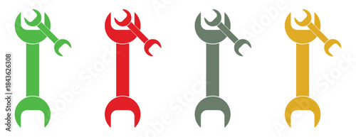 wrench tools and repair symbols, four colorful icons for service and engineering