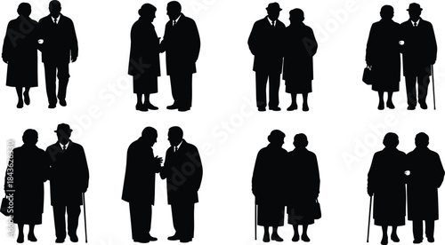 Black silhouettes of elderly couples in various poses on white background senior couple