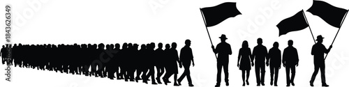 Black silhouettes of a large crowd marching with black flags people protest