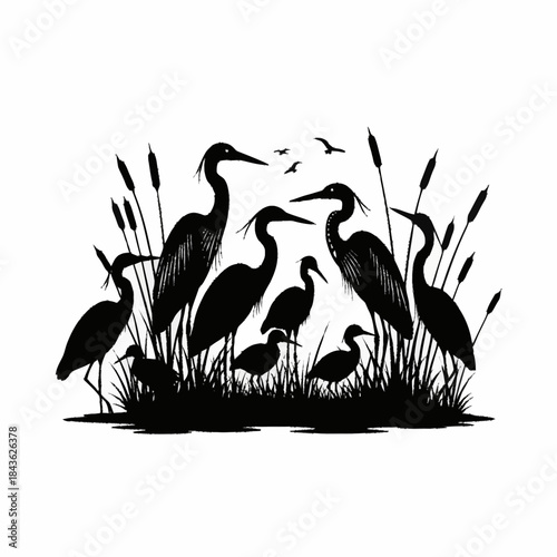 Silhouettes of various herons and ducks in a marsh with tall reeds.