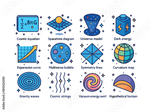 Colorful Cosmology Icons. Theoretical Cosmology. Colorful isomet