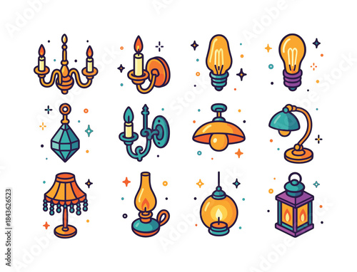 Colorful Vintage Lighting Icons. Vintage Lighting. Colorful isom