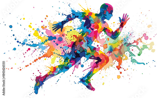 Dynamic colorful vector illustration of an abstract male runner figure composed of vibrant watercolor paint splatters and ink splashes, symbolizing speed, energy, fitness, sport, and vitality.