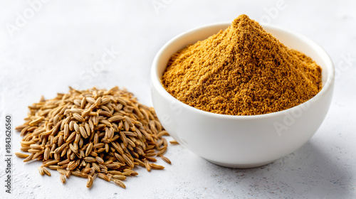 Cumin powder in a white bowl on the right side