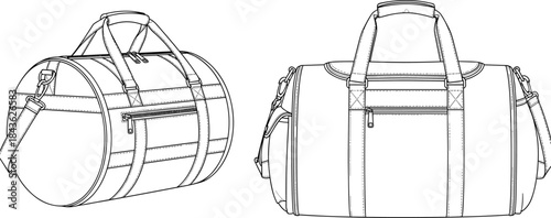 Black and white line drawing of a duffel bag from two different angles gym bag sports bag