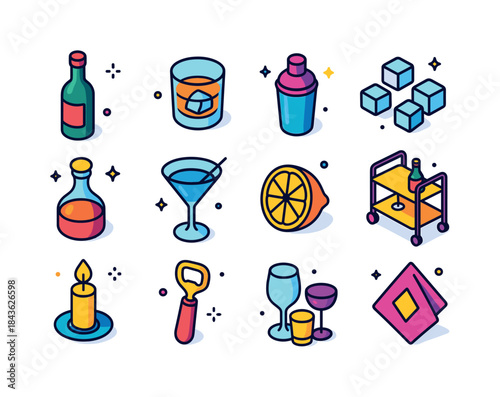 Evening Drink Icons. Evening Drinks. Colorful isometric vector i