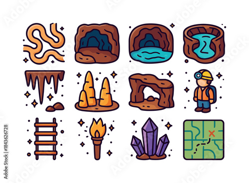 Colorful Cave Icons. Cave Systems. Colorful isometric vector ico