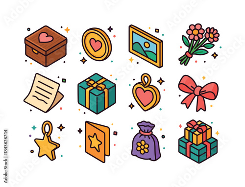 Memorable Gift Icons. Memorable presents. Colorful isometric vec