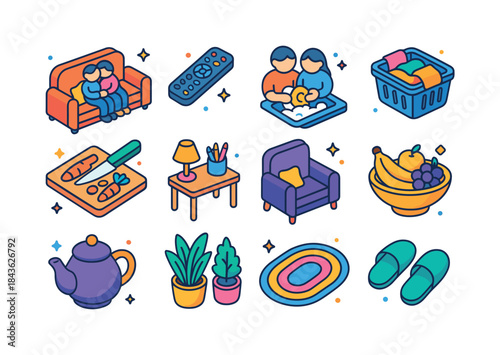Cozy Home Icons. Together at home. Colorful isometric vector ico