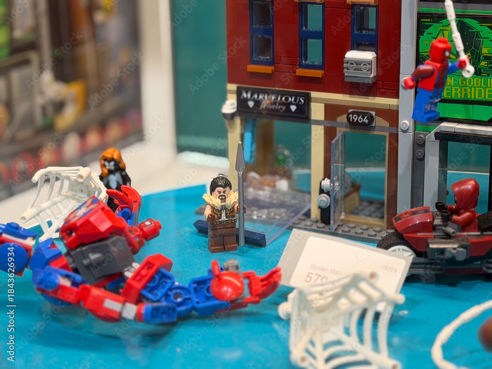 Fototapeta premium Colorful lego superhero scene with action figures