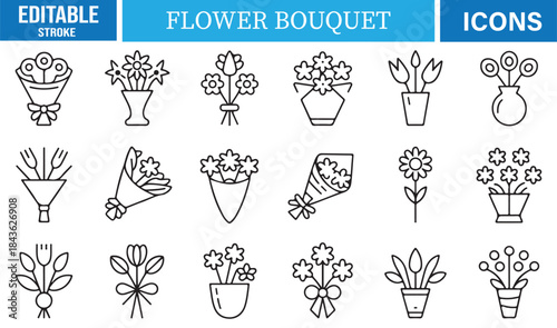 Editable stroke flower bouquet icons featuring floral arrangements and gifts