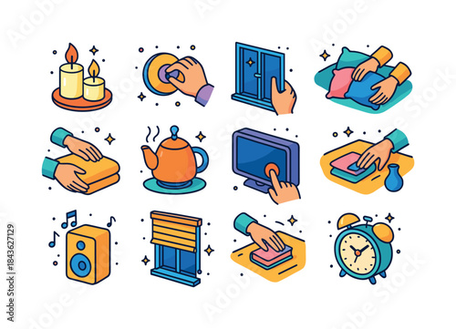 Evening Rituals Icons. Evening home rituals. Colorful isometric