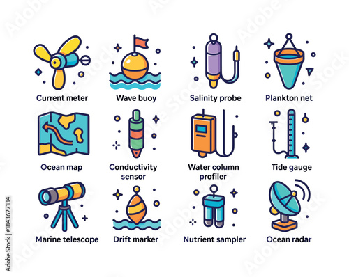 Oceanography Icon Set. Oceanography. Colorful isometric vector i