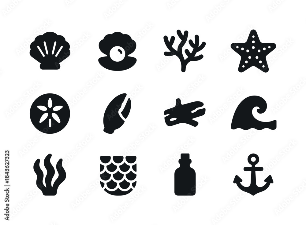 Fototapeta premium Ocean Treasures Icons. Ocean treasures. Solid icon set of ocean