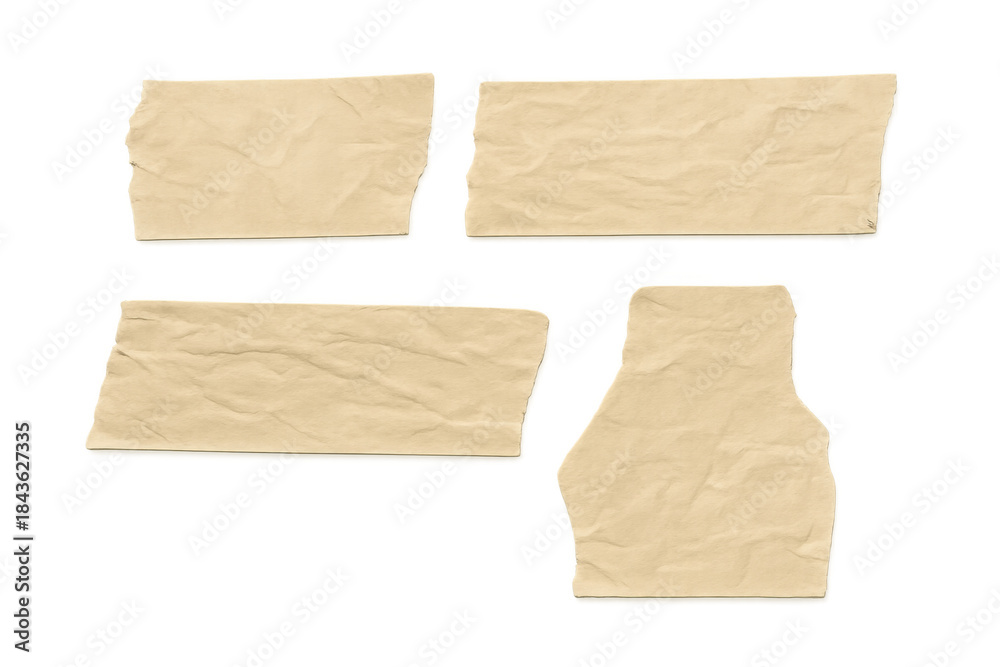 Fototapeta premium Beige masking tape pieces collection in various shapes with crumpled texture, creating realistic adhesive strip elements