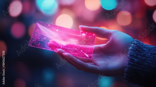 Close-up image of a human hand holding a futuristic holographic gift voucher glowing with neon digital effects, virtual icons