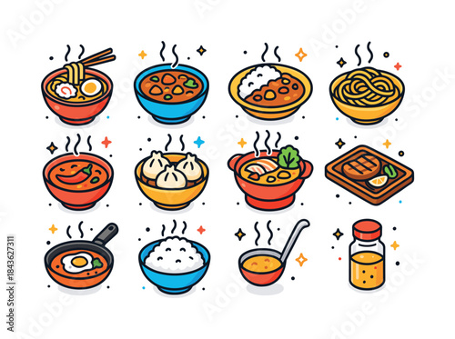 Colorful Hot Meal Icons. Hot meals. Colorful isometric vector ic