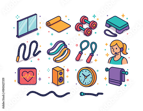 Colorful HIIT Icon Set. Studio HIIT. Colorful isometric vector i