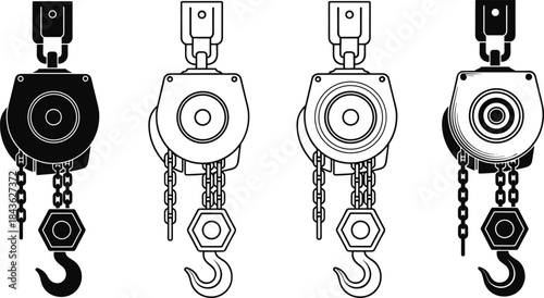Chain hoist mechanism illustration, lifting device icon, pulley system vector, industrial equipment, silhouette, outline, technical drawing, isolated graphic