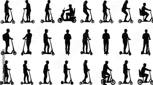 Scooter rider silhouettes, electric scooters, motorized scooters, standing posture, seated riders, urban mobility, transportation icons, vector grid, travel design, commute lifestyle