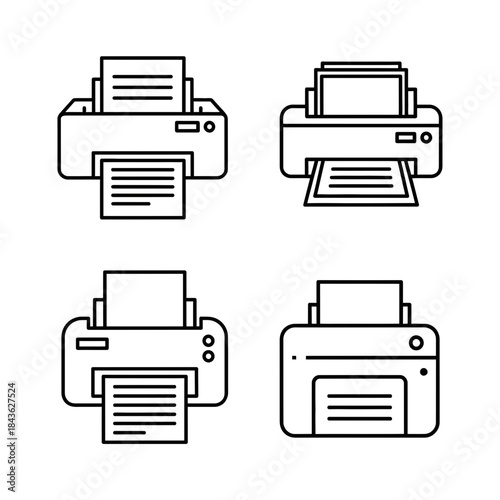 Set of minimalist printer icons showing paper input and output in black line art style