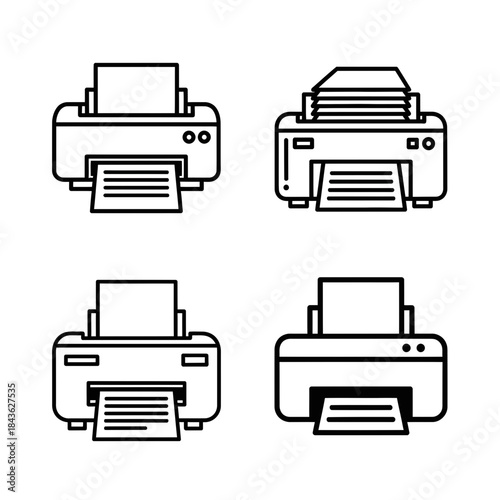 A collection of four black and white line icons representing different printer designs