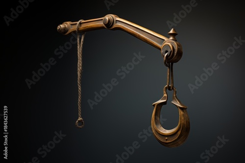 Old brass steelyard balance hanging with rope on dark background, representing measurement and weight