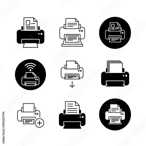 A collection of printing icons illustrating different functions and styles