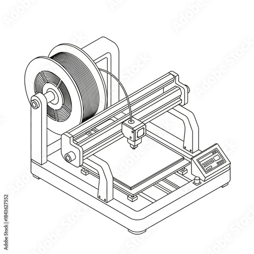 An isometric line art illustration of a desktop 3d printer with filament spool