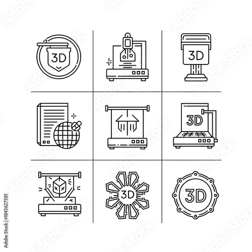 Line icons set showcasing various concepts of 3d printing technology and design