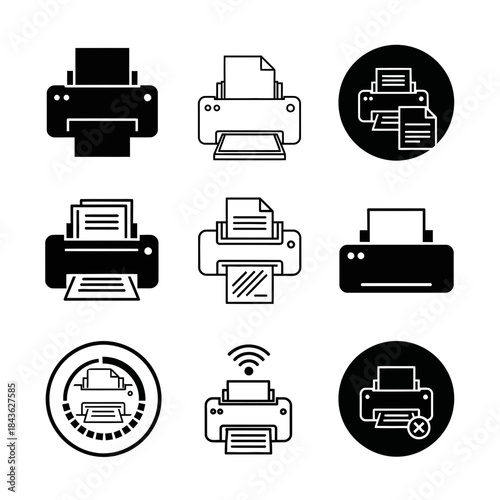 A collection of printer icons in various styles for digital design.