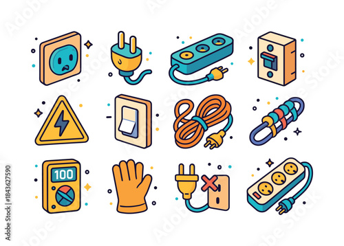 Electrical Safety Icons. Electrical safety. Colorful isometric v