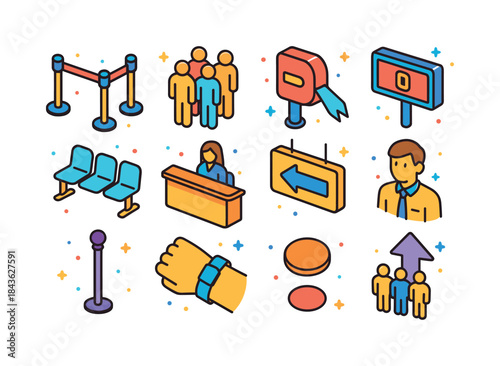 Queue Icon Set. Queue management. Colorful isometric vector icon