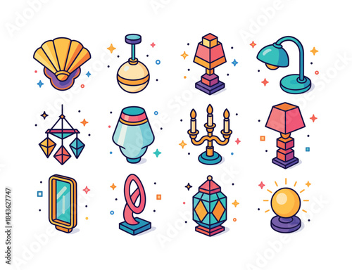 Art Deco Lighting Icons. Art Deco lighting. Colorful isometric v