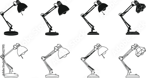 Minimalist desk lamp icon set, adjustable lamp silhouettes, outline style, modern lighting design, vector illustration, black white graphic, isolated