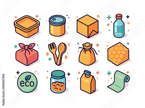 Plastic-Free Icon Set. Plastic-free solutions. Colorful isometri