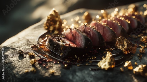 Seared Gourmet Beef with Edible Gold Flakes on Dark Stone Surface