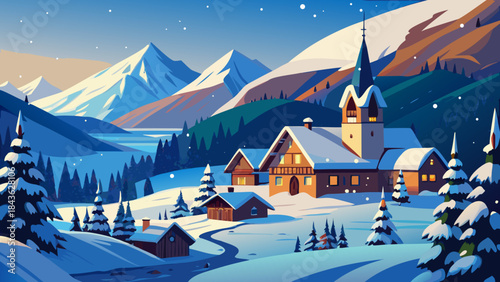 Serene mountain village in winter