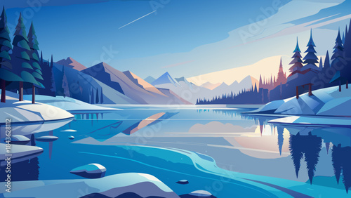 Serene winter landscape by a tranquil lake