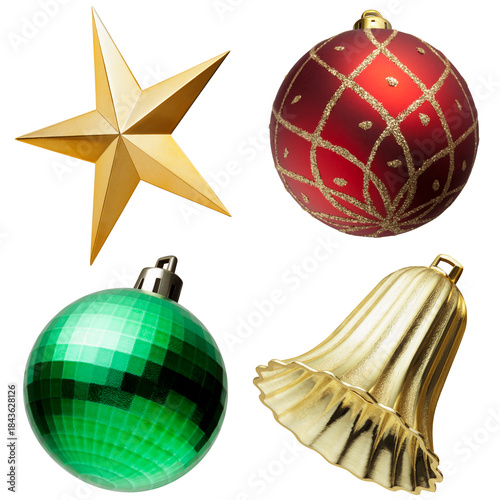 a gold star, Christmas balls, and decorations