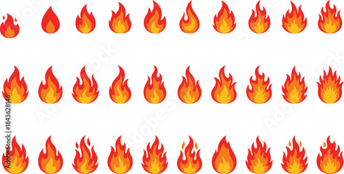 Collection of twenty-seven flat design vector flame icons in various sizes and shapes, representing fire, heat, warmth, ignition, energy, danger, and hot burning concepts for animation.