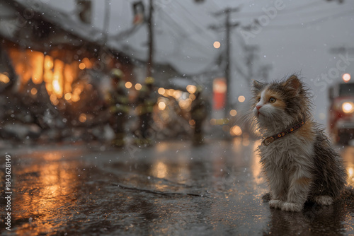 Fototapeta Naklejka Na Ścianę i Meble -  Frightened kitten in heavy rain with emergency lights