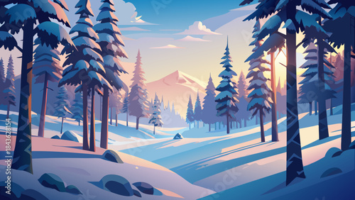 Serene winter forest at sunrise