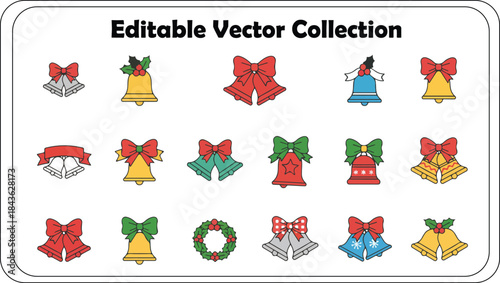 Collection of christmas bells with red bows and holly decorations set Christmas Santa Claus and holiday items hand-drawn vector illustration set that includes Mrs. Claus, Christmas trees, reindeer,