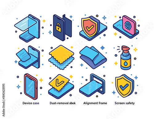 Screen Protection Icons. Screen protection. Colorful isometric v
