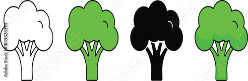 Broccoli icon set in outline, green, black, and flat styles for food, healthy diet, and vegetable design