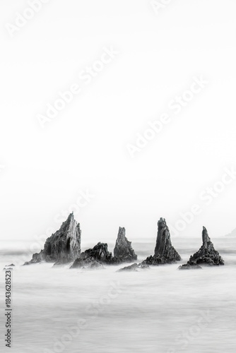 Photograph of the iconic rock formations of Gueirua Beach in Asturias, with a seagull perched on one of the sharp sea stacks. A timeless coastal scene highlighting texture, contrast, and solitude.